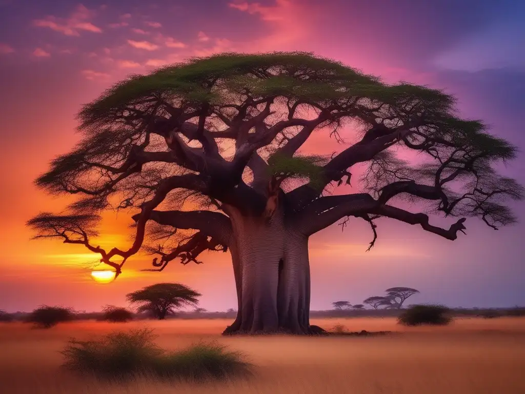 Paisaje africano al atardecer con árbol baobab y criaturas míticas, protección de niños en mitología africana