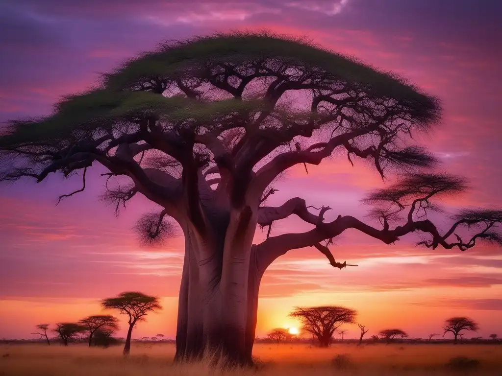 Paisaje africano al atardecer con espíritus animales en la mitología africana