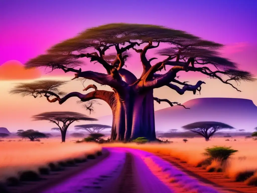 Paisaje africano al atardecer con espíritus de la naturaleza africanos