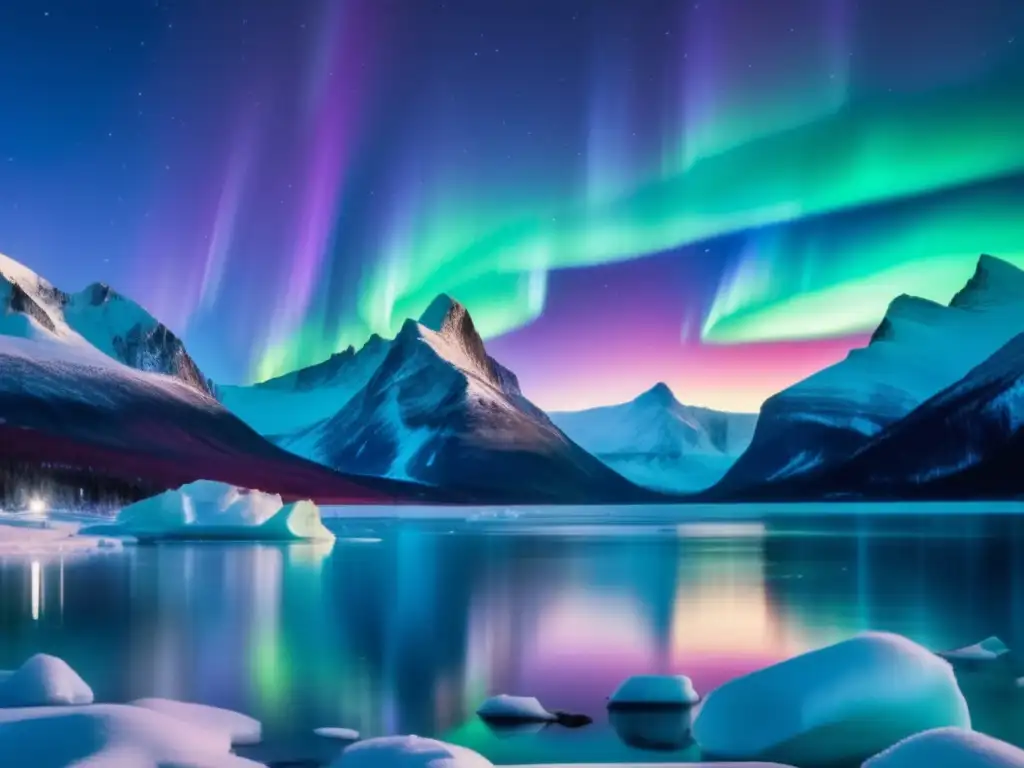 Paisaje ártico al atardecer con auroras boreales y espíritus de la naturaleza Inuit