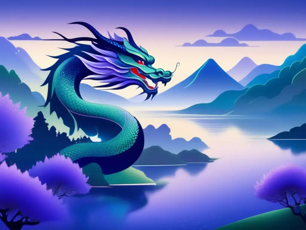 Paisaje mágico: dragón japonés emerge en lago - Interpretaciones dragones Asia