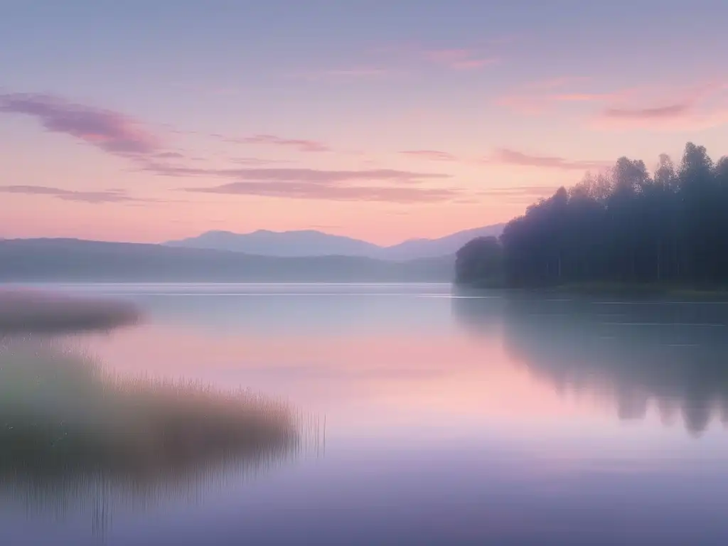 Paisaje sereno con cielo pastel, lago tranquilo, árboles majestuosos y lecciones de héroes y villanos mitológicos