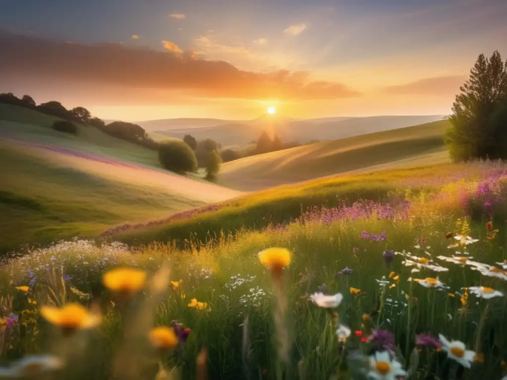 Paisaje sereno y etéreo al atardecer, bendiciones humanas en arte y cultura