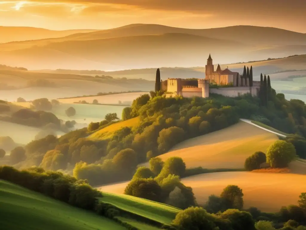 Paisaje europeo al atardecer con linajes míticos gigantes (110 caracteres)