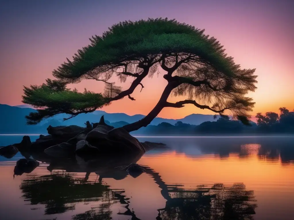 Paisaje crepuscular con lago, árbol magnífico y cielo vibrante