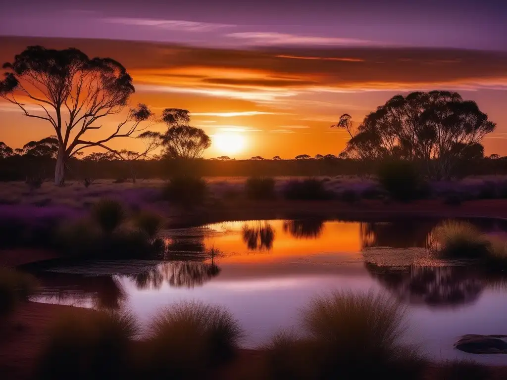 Impresionante paisaje del outback australiano al anochecer con elementos de la mitología australiana