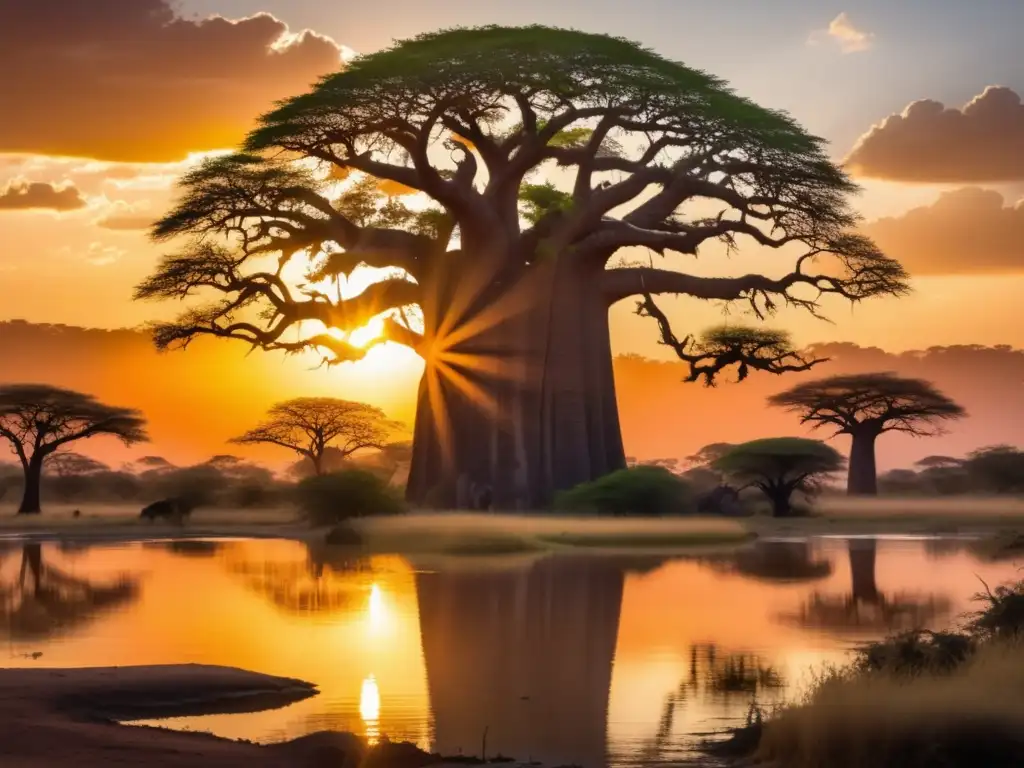 Paisaje africano con árbol Baobab, criaturas mitológicas y cuentacuentos junto al río