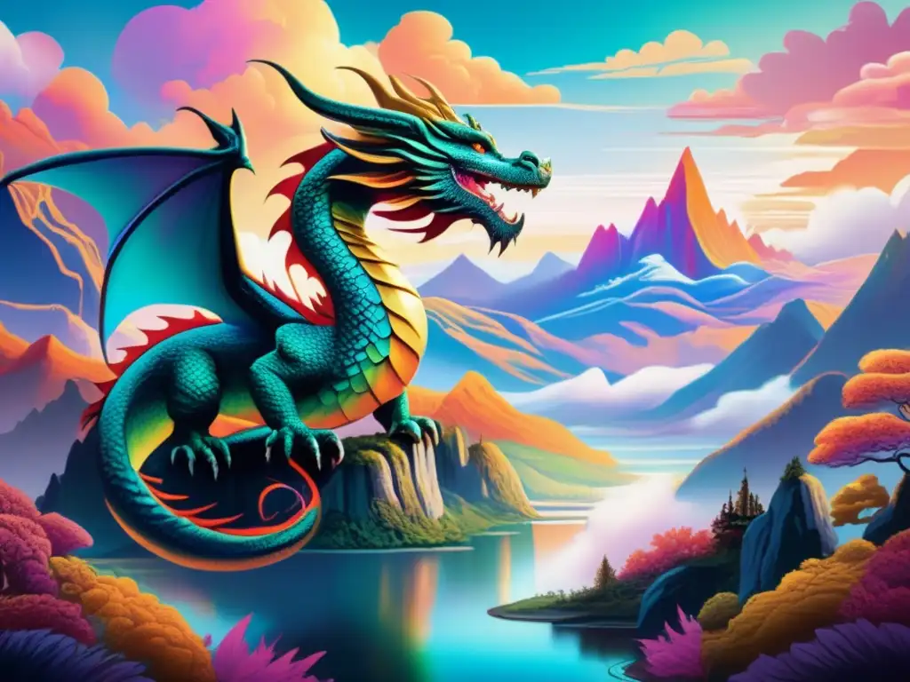 Influencia de dragones en cine asiático: paisaje místico, río sereno, majestuoso dragón volando con poder y encanto