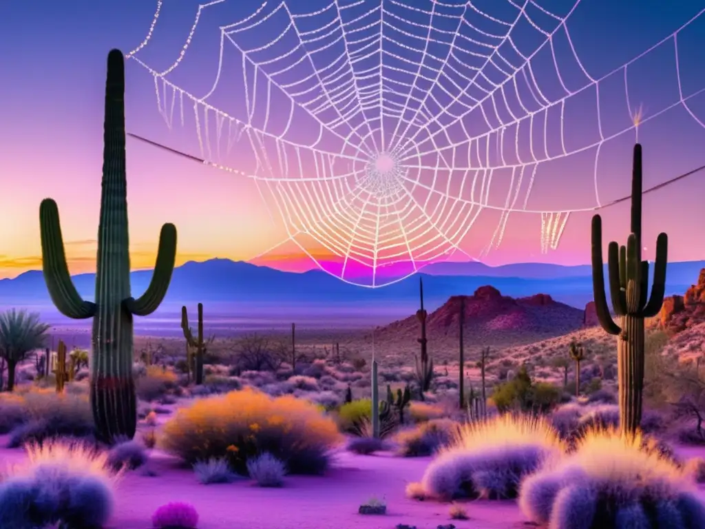 Paisaje místico al atardecer con telaraña Hopi y criaturas míticas