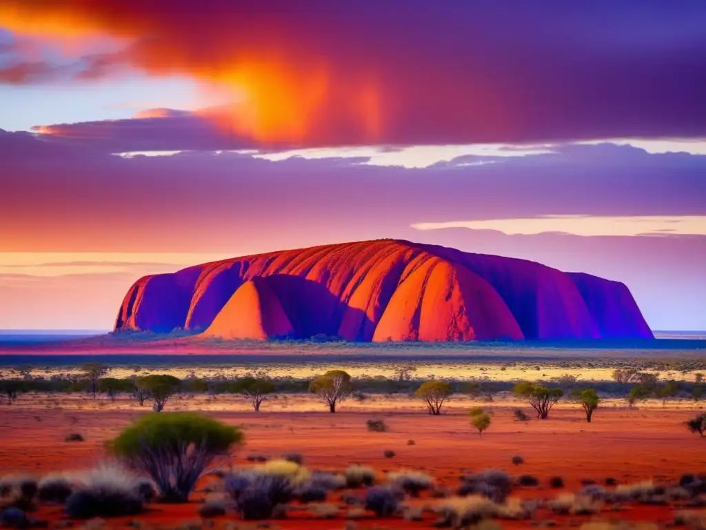 Mitología aborigen en películas australianas: paisaje impresionante del Outback al atardecer, con Uluru y colores intensos