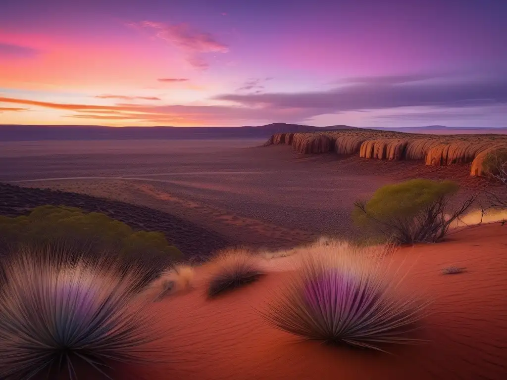 Paisaje impactante del outback australiano al anochecer con la influencia de dioses y espíritus de la cultura australiana