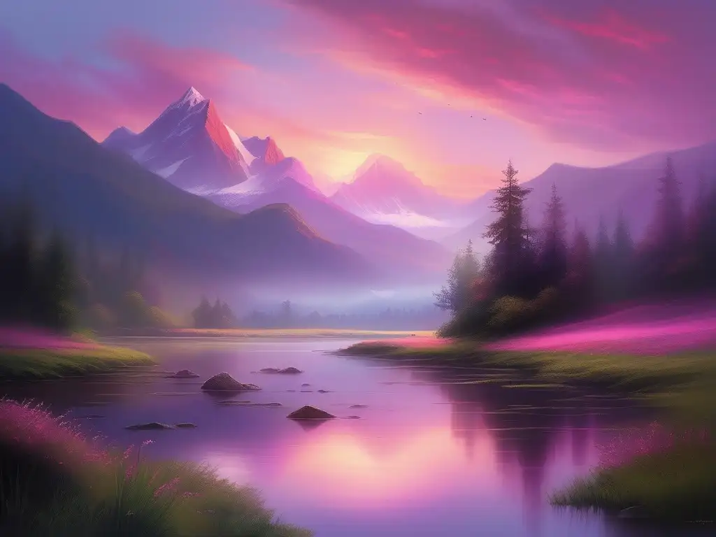 Paisaje montañoso al atardecer con espíritus de la mitología asiática (110 caracteres)