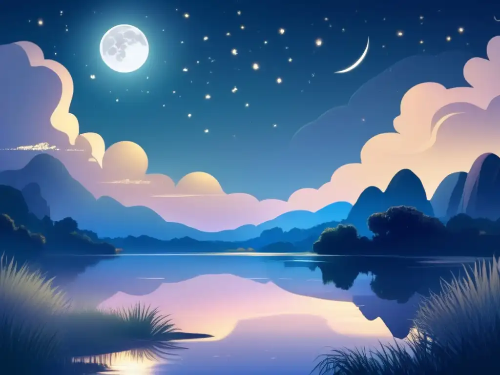 Paisaje nocturno mágico con criaturas lunares y mitos, reflejados en un lago sereno