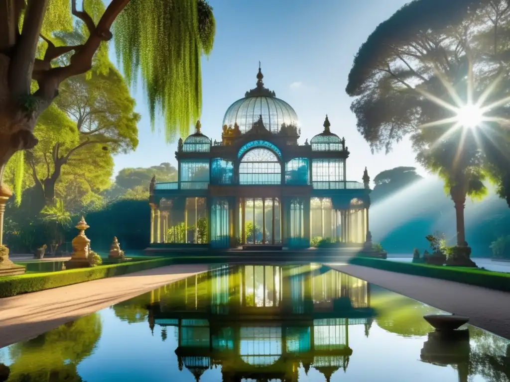 Majestuoso Palacio de Cristal con dioses hindúes en paisaje verde y cristalino