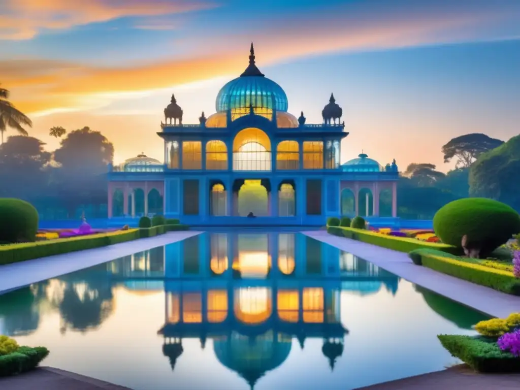 Palacio de Cristal con dioses hindúes en un jardín exuberante