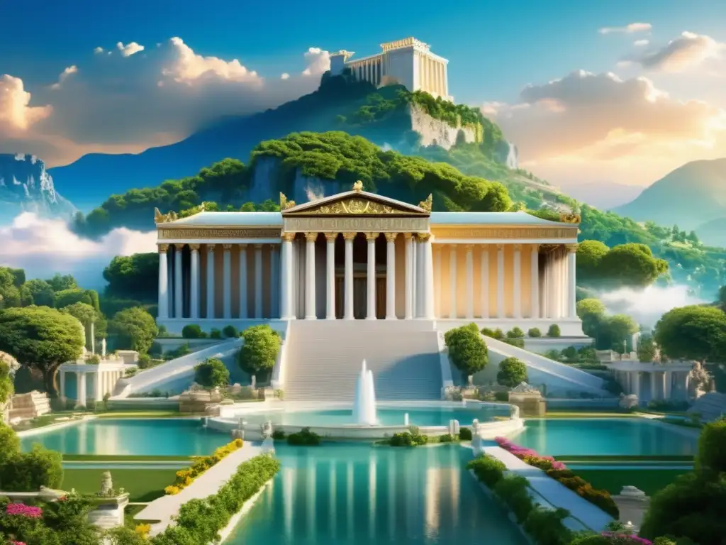 Criaturas mitológicas en el Olimpo: Palacio de Zeus, jardines exuberantes y establos divinos en una escena mágica