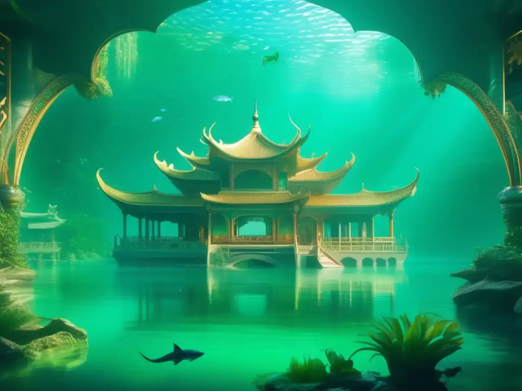 Palacio subacuático en Río con sirenas, mitología china