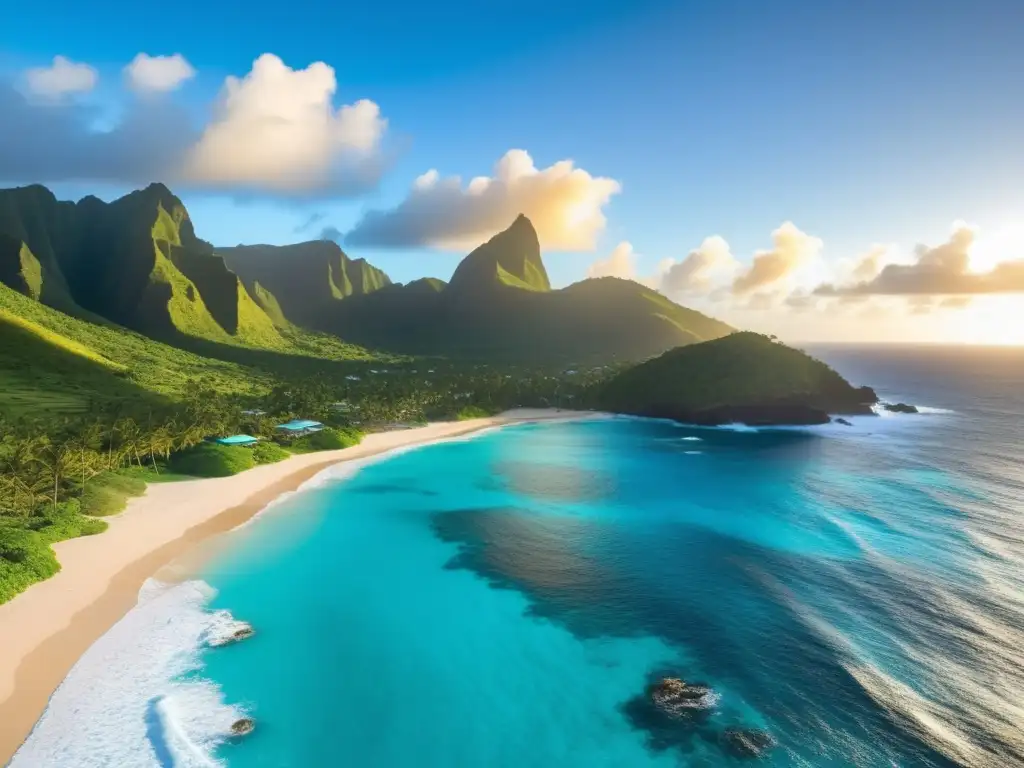 Paisaje paradisíaco de Islas Pitcairn con criaturas legendarias