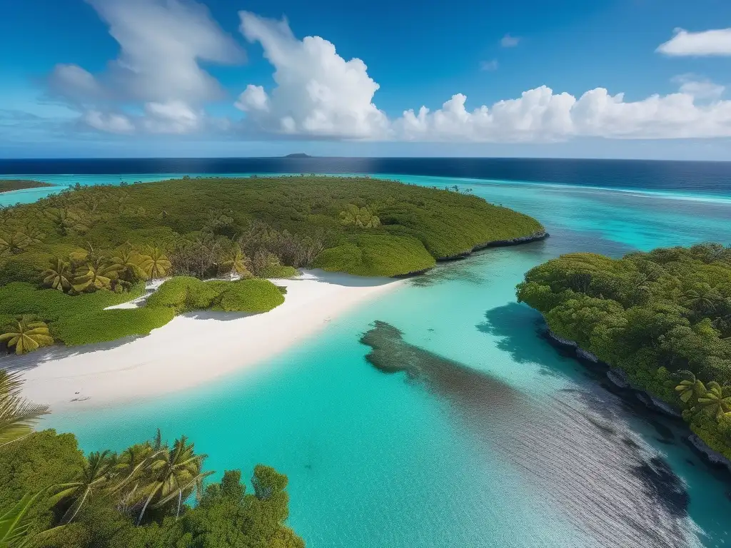 Secretos y Leyendas de Oceanía: Paraíso tropical sereno con playa de arena blanca, aguas turquesas y arrecife de coral vibrante