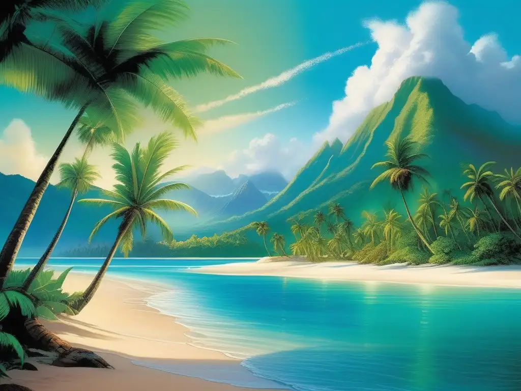 Paraíso tropical de ensueño Guardianes de Islas en Oceanía: Escena paradisíaca con playa de arena blanca, aguas turquesas y montañas místicas al atardecer