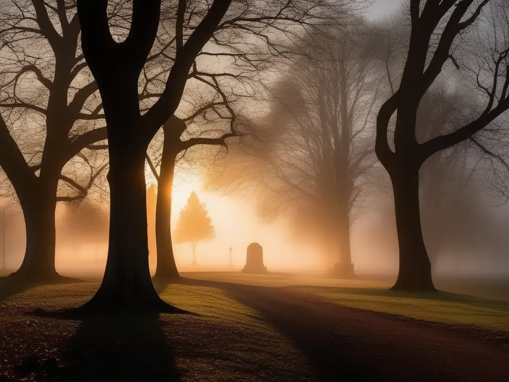 Parque misterioso con neblina y figuras: Fantasmas parques ciudad misterio