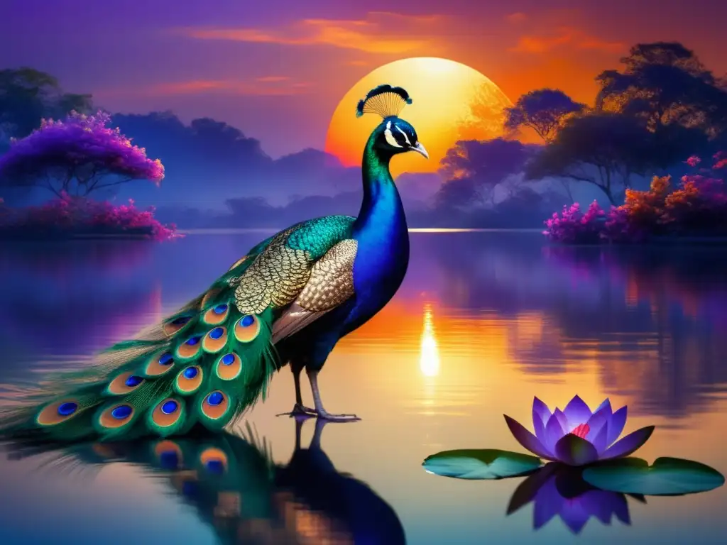 Leyendas mitológicas de la India: Peacock on lotus flower in serene lake with colorful sky and ancient temples