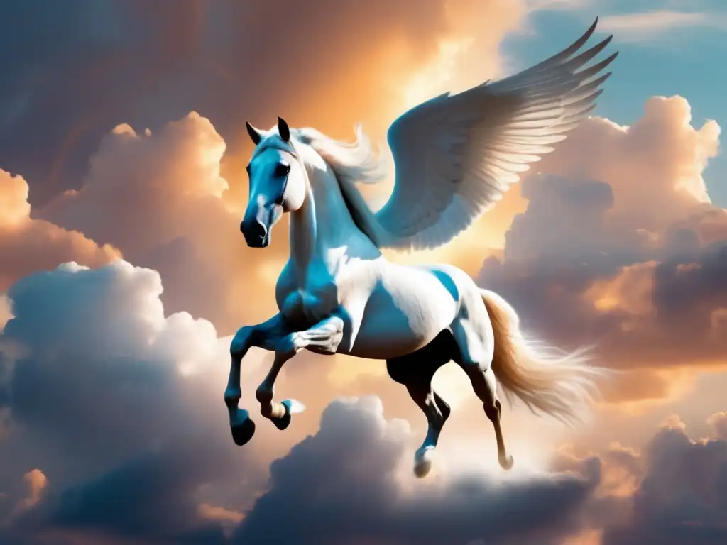 Pegaso, criatura mitológica voladora, en vuelo sereno y majestuoso contra nubes pastel