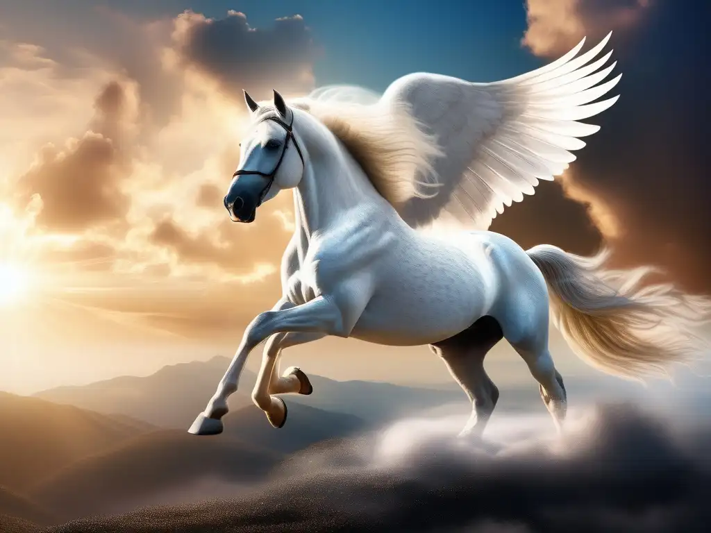 Pegaso: Origen mitológico del majestuoso caballo alado en una imagen de 8k detallada y mística