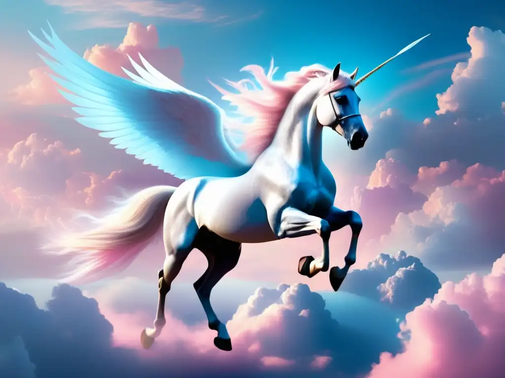 Tatuajes de Pegaso alados piel: Imagen celestial de un majestuoso Pegaso volando entre nubes rosas y azules, rodeado de delicadas flores de cerezo