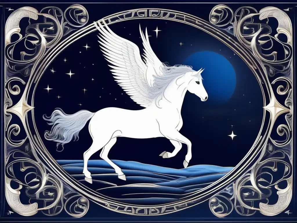 Pegasus en el cielo nocturno, evocando cultura y simbolismo de criaturas legendarias