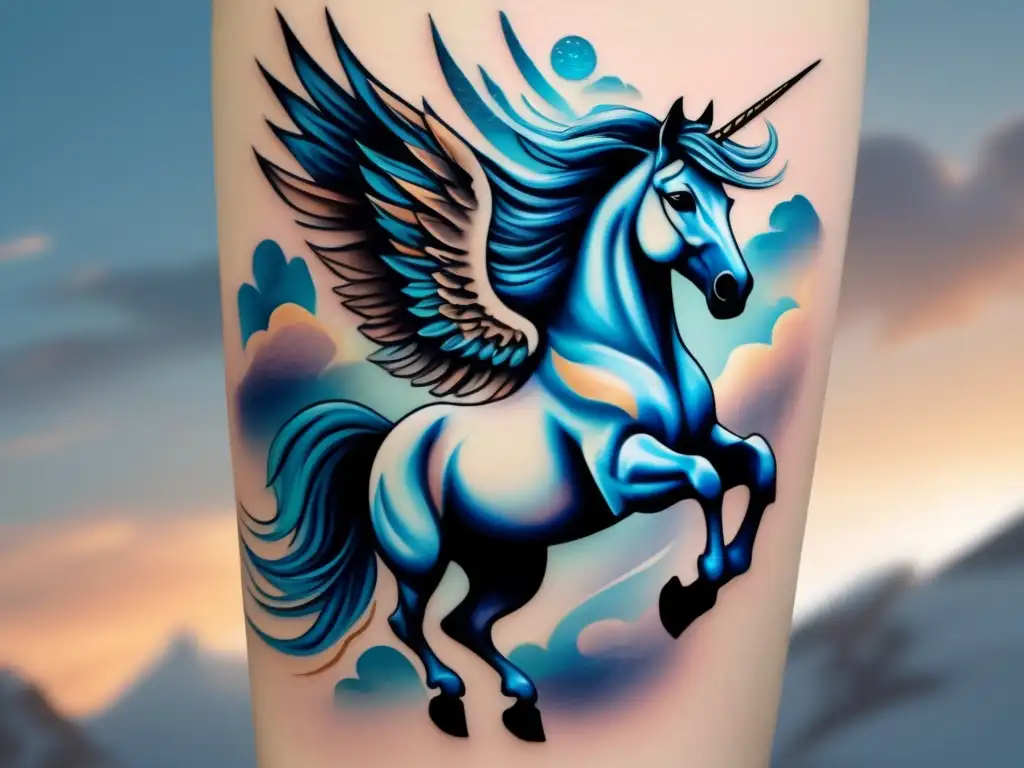 Tatuaje realista de Pegaso alado en el antebrazo, con colores suaves y detalles intrincados