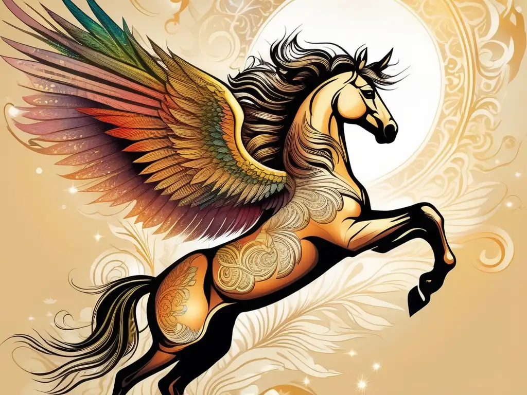 Tatuaje Pegaso alado en piel: Encantadora imagen de un brazo tatuado con detalle y color vibrante