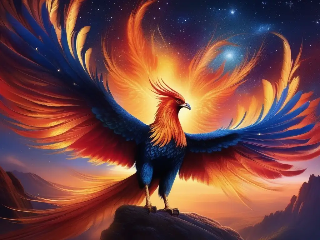 Mitos inspiradores para tatuajes: majestuoso phoenix en cielo estrellado, plumas vibrantes y mágicas, transformación y encanto celestial