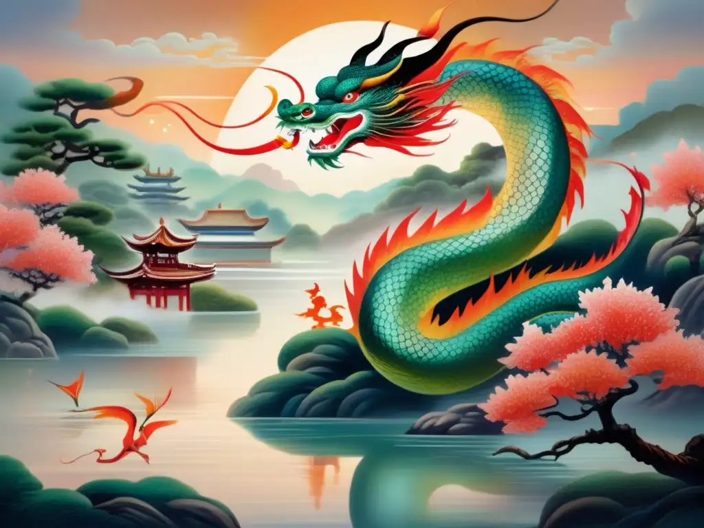 Pintura de dragones mitológicos orientales - agua, fuego, aire