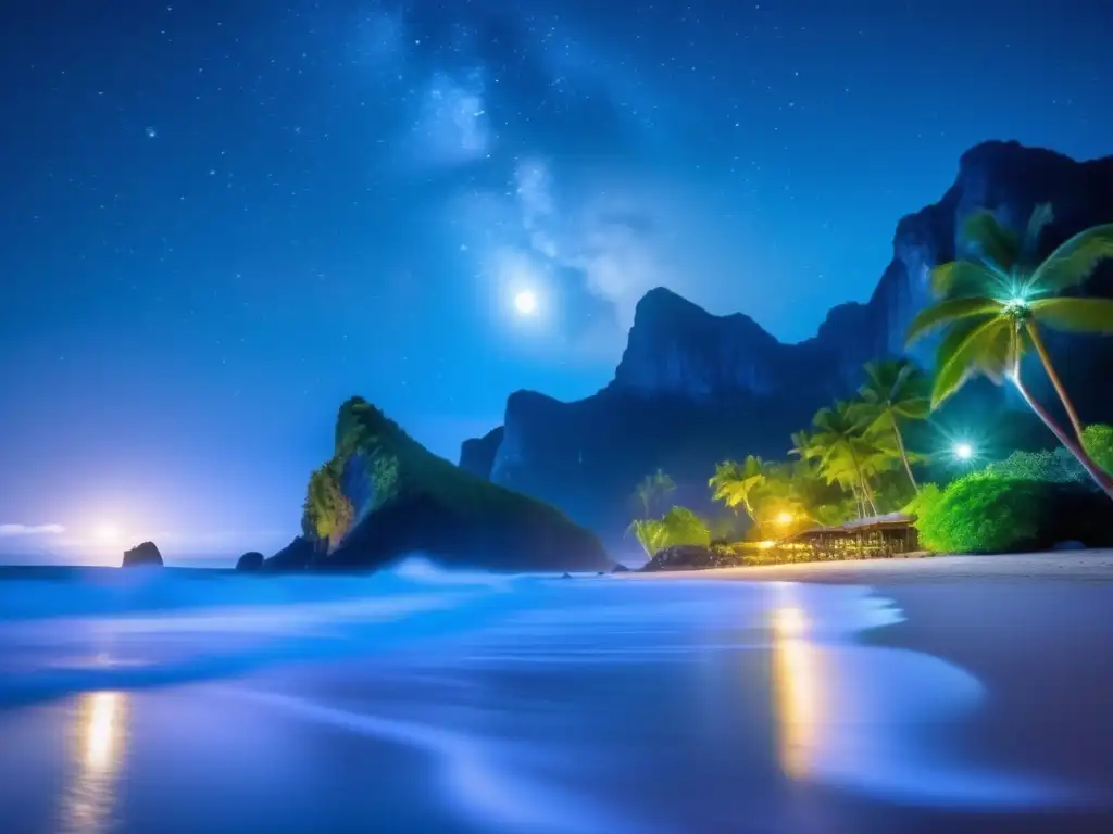 Playa nocturna iluminada por la luna, con olas suaves en la orilla