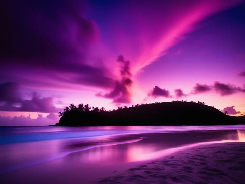 Criaturas mitológicas de las Islas Marianas en una playa serena al atardecer, con un majestuoso Manu Guihan emergiendo del agua