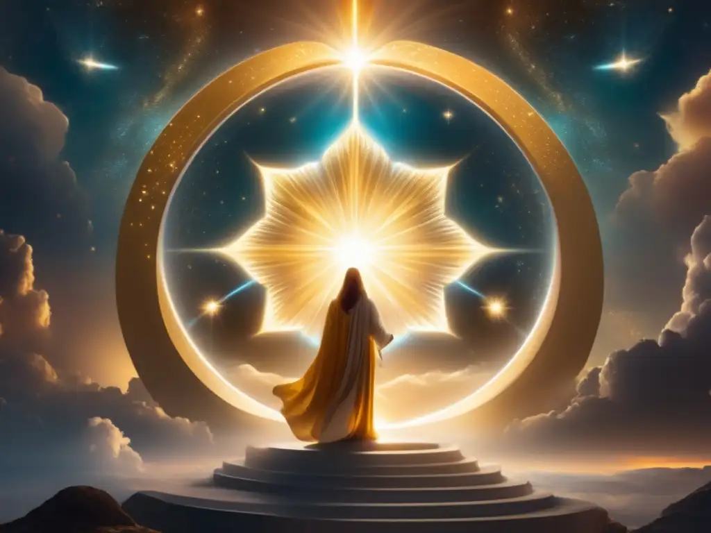 Portal dorado emana luz celestial y bendiciones humanas en mitología: el poder transformador