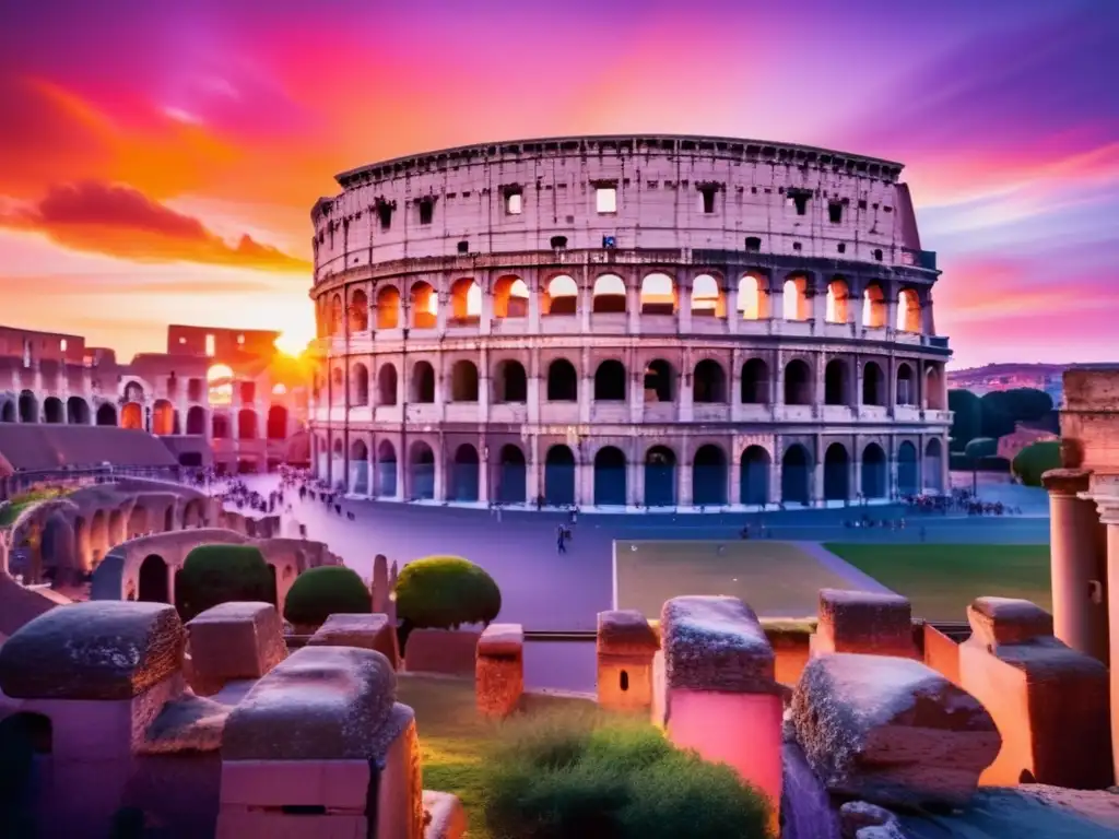 Atardecer mágico sobre el Coliseo Puesta de sol sobre el Coliseo Romano: Culto al Sol Invicto en Roma