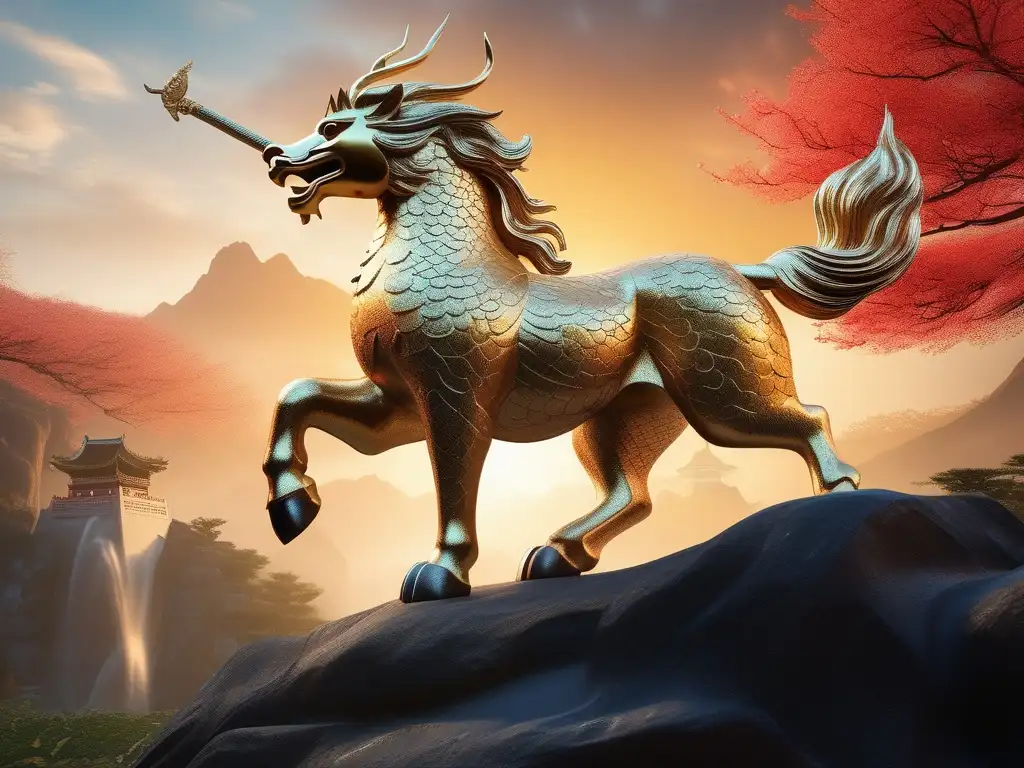 Qilin, el unicornio oriental en un paisaje celestial de China