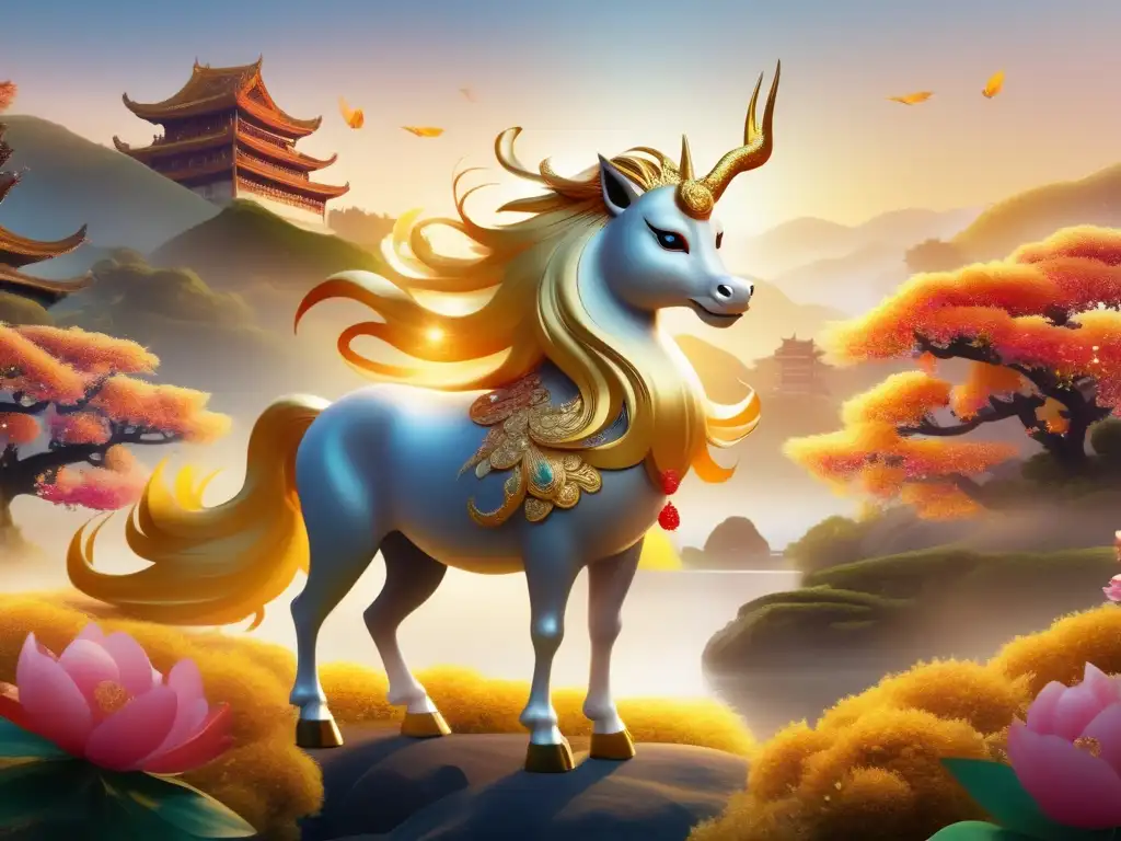 Paisaje sereno con Qilin, criatura mítica en la mitología asiática -