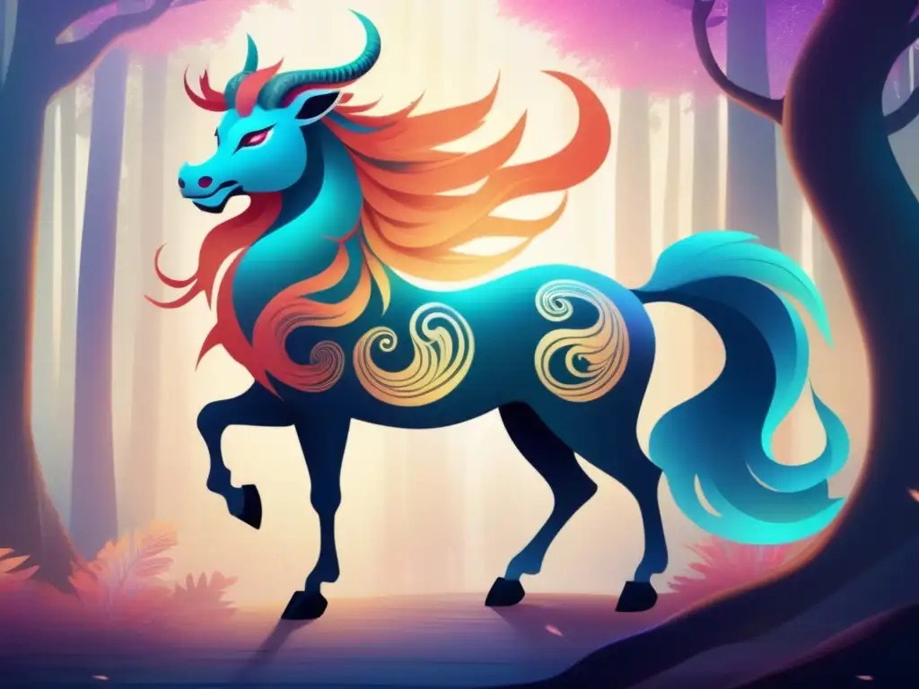 Qilin en bosque místico: Deidades animales mitología asiática