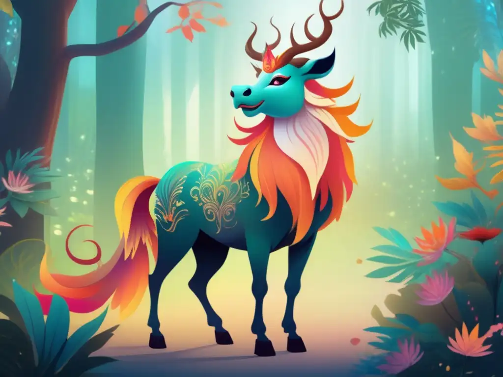 Qilin mítico en bosque: criatura mitológica asiática, majestuosa y etérea, con escamas vibrantes, cuernos elegantes, alas plumadas y aura misteriosa