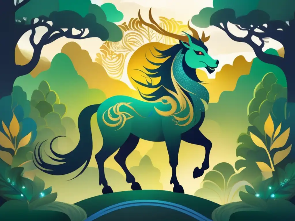 Qilin chino: leyenda mitológica oriental en bosque místico al atardecer