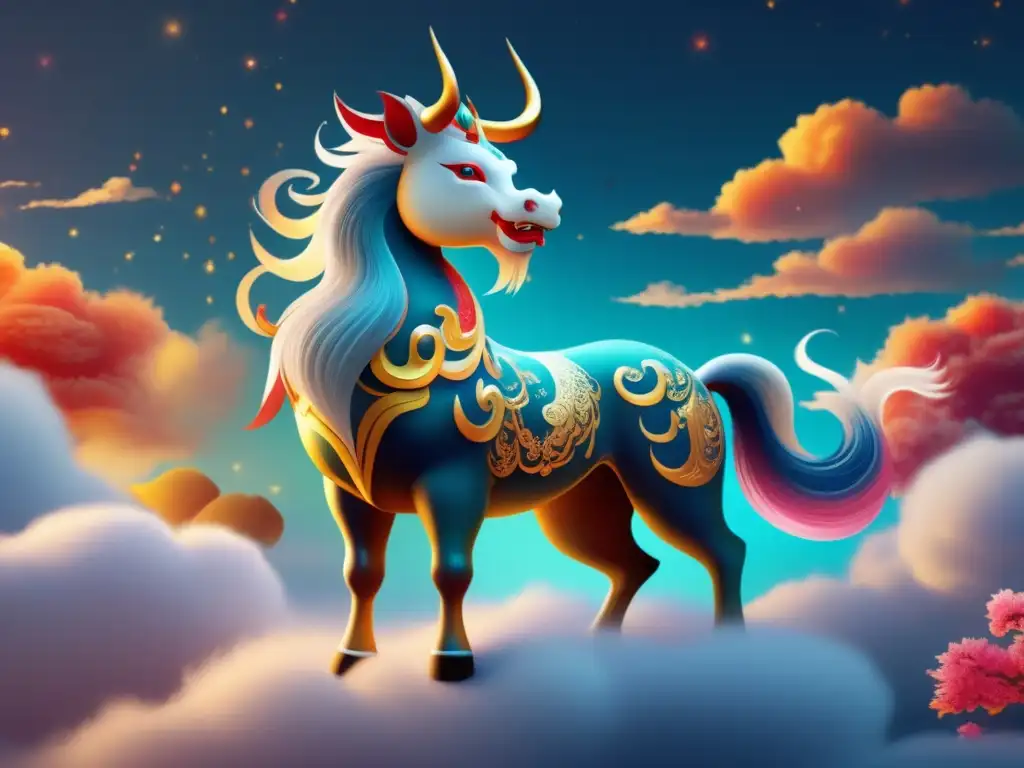 Qilin chino: leyenda mitológica oriental, imagen ultradetallada de ensueño con colores vibrantes y halo de luz