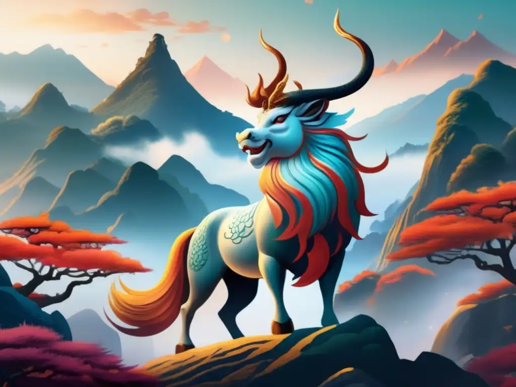 Paisaje místico con Qilin, criaturas legendarias chinas, luz dorada