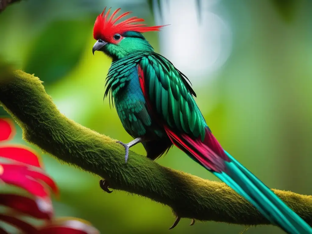 Quetzal: Ave sagrada maya, plumaje vibrante en selva tropical (110 caracteres)