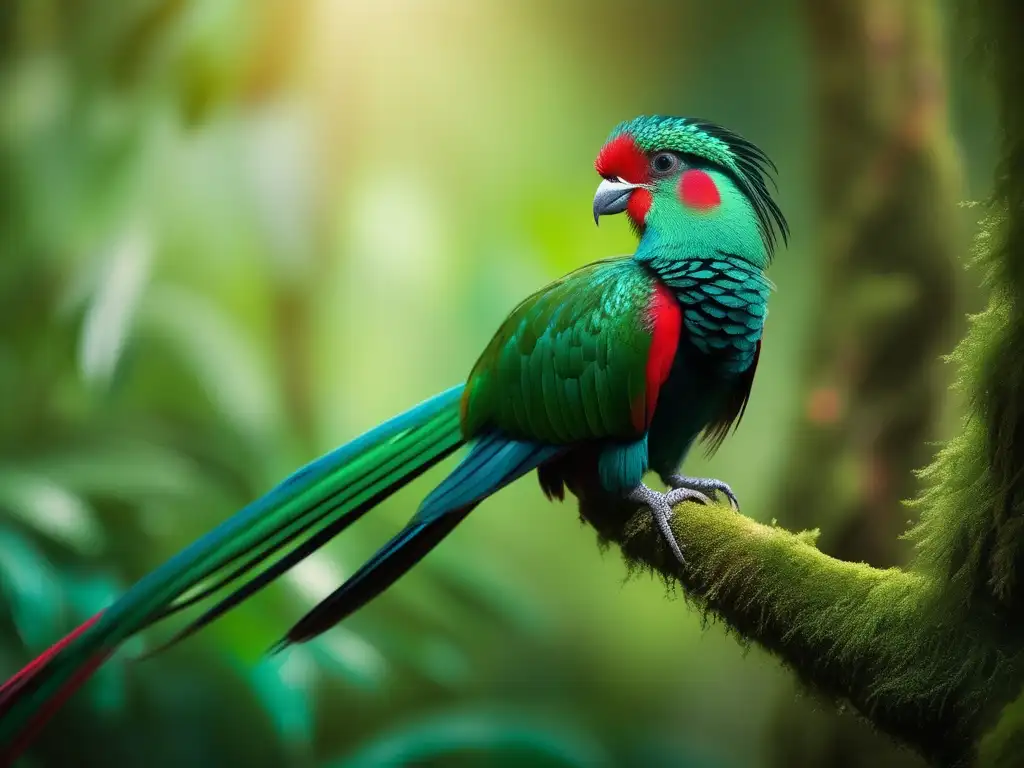 Quetzal: Ave sagrada maya leyenda, plumaje iridiscente, selva tropical mágica