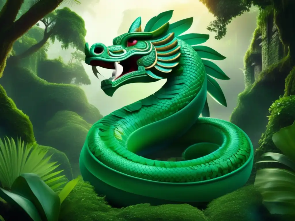 Quetzalcóatl, serpiente emplumada de la mitología sudamericana en una imagen mística y exuberante en la jungla