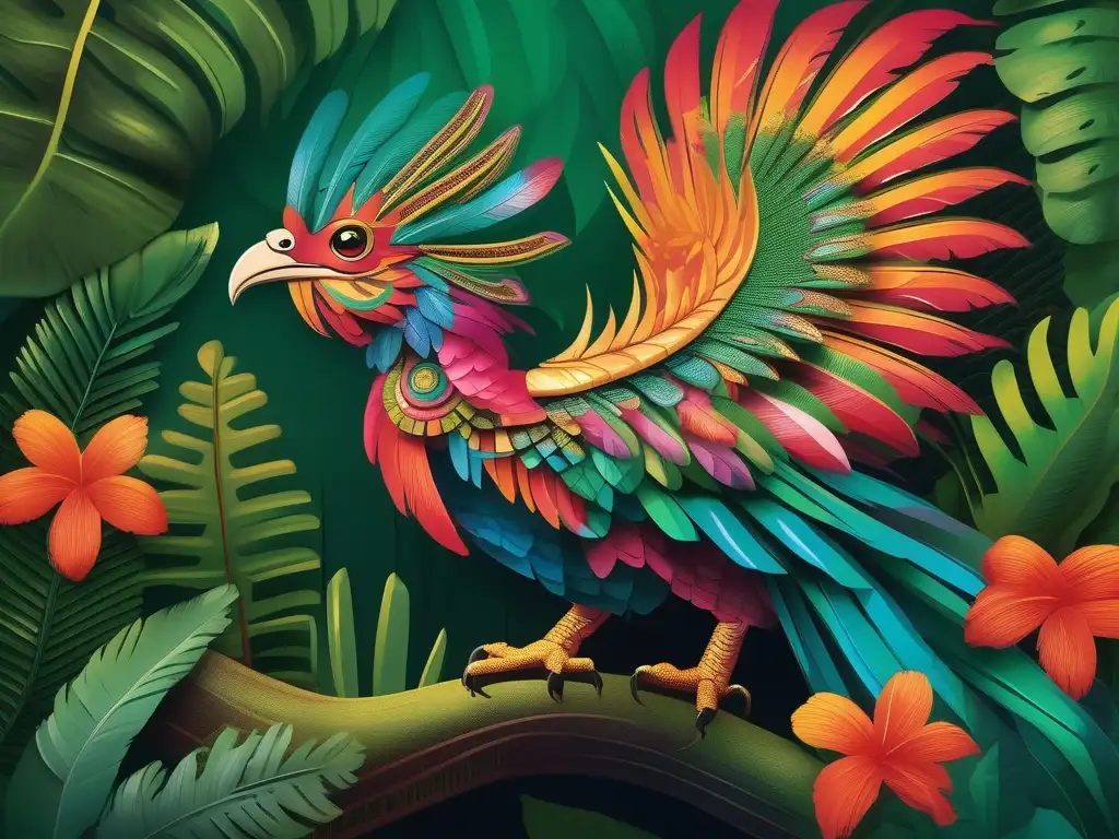 Quetzalcóatl, serpiente emplumada de la mitología sudamericana en la exuberante selva -