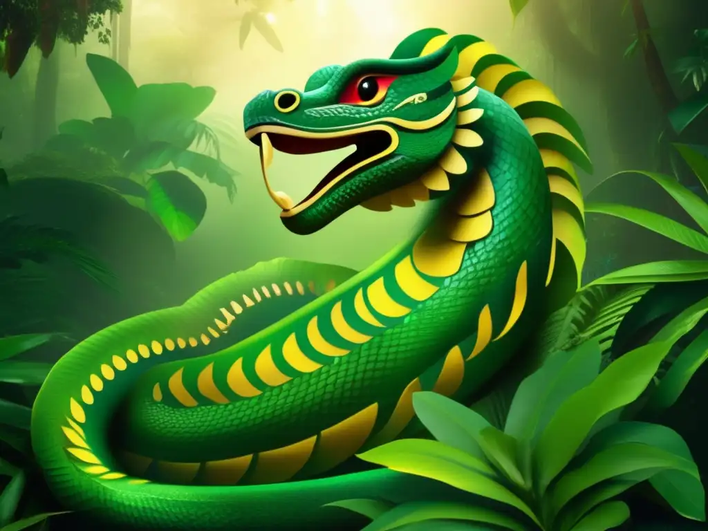 Imagen mística de Quetzalcóatl, la Serpiente Emplumada, en la exuberante selva mexicana